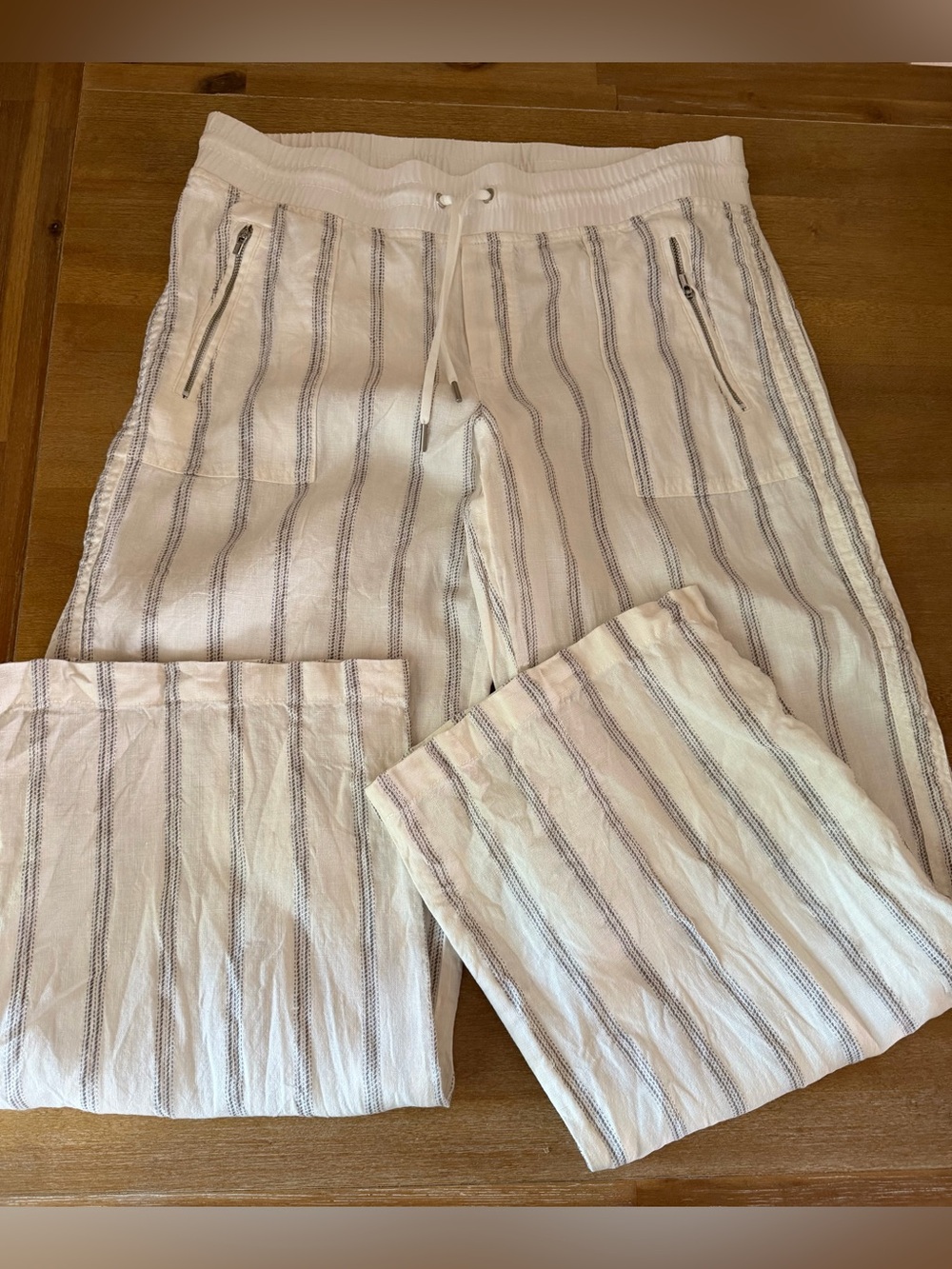 Athleta Women’s Cabo Tide Linen Pants White/blue Striped 100% Linen 14 - Picture 2 of 11